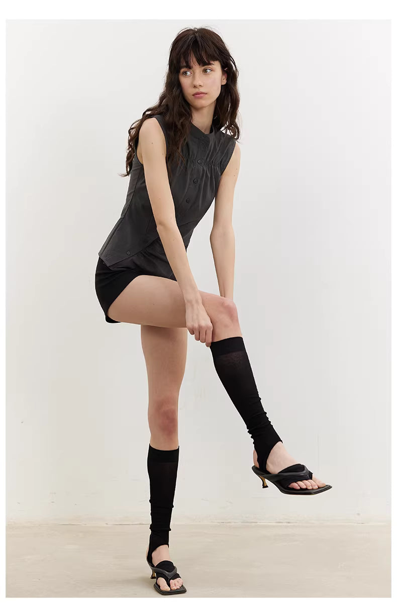 Asymmetric Button Blouse in Beige or Charcoal