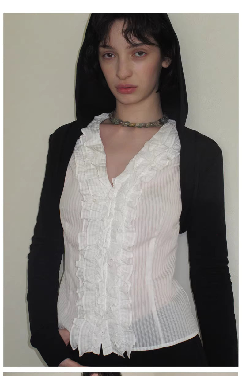 Ruffle Bodice Pinstripe Blouse