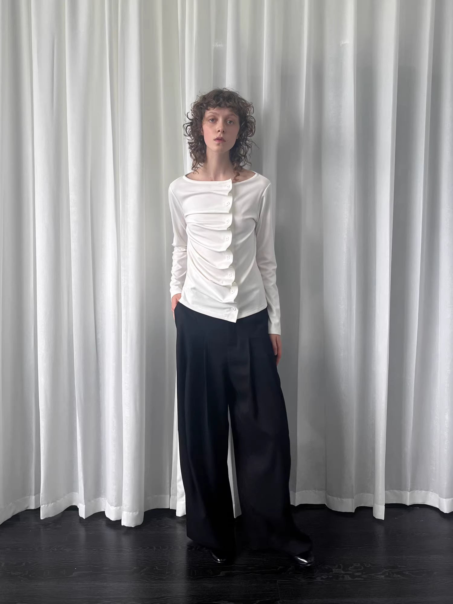 Linear Fold Placket Long Sleeve Top