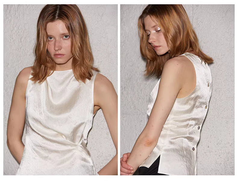 Crinkled Satin Cowl-Neck Top with Button-Back Detail