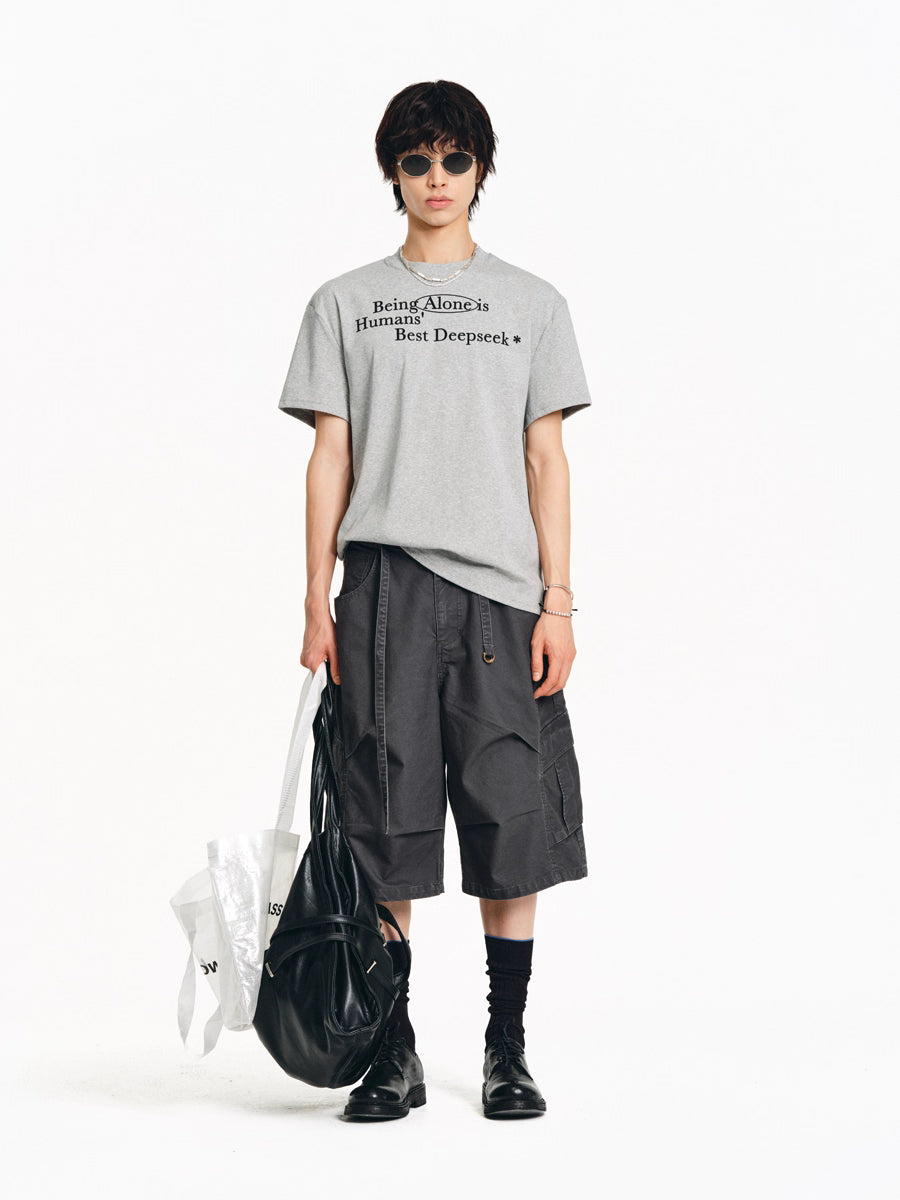 Drawstring Washed A-line Cargo Wide-Leg Shorts