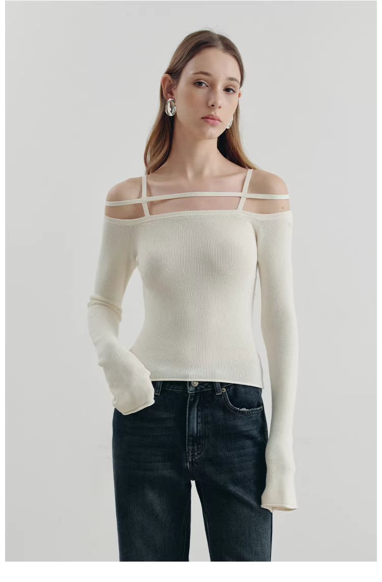 Geometric Strap Knit Long Sleeve Top