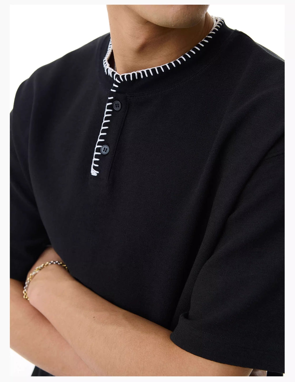 Embroidered Henley T-Shirt in Black Ink or White