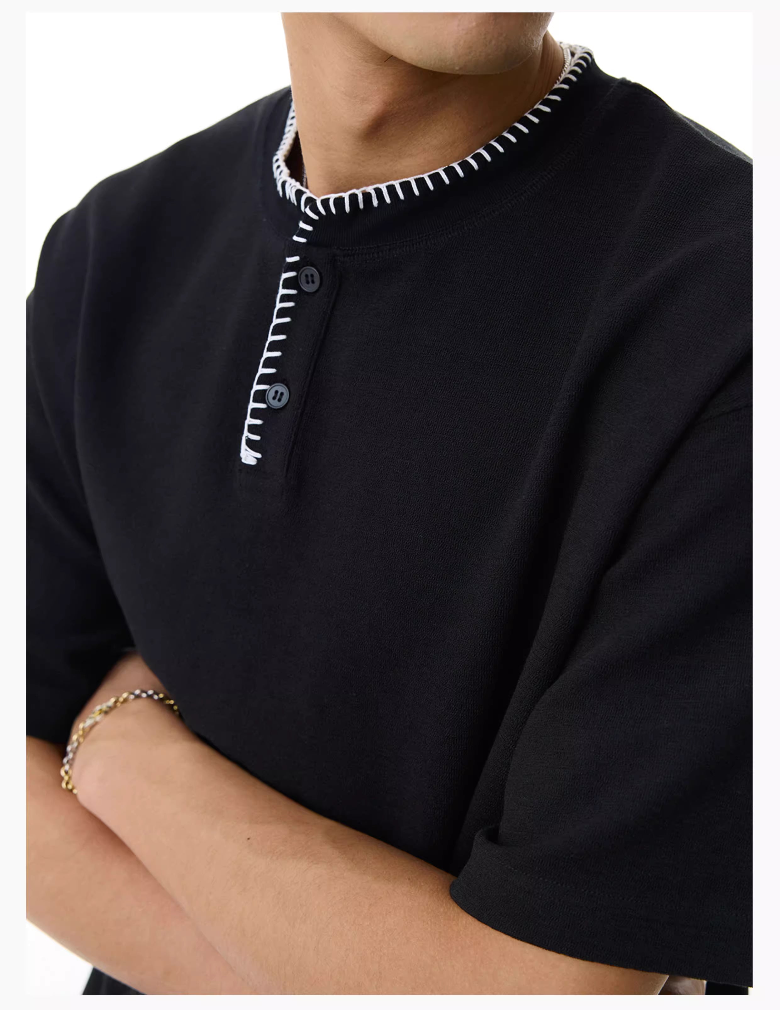 Embroidered Henley T-Shirt in Black Ink or White