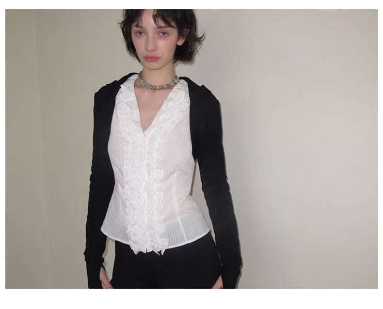 Ruffle Bodice Pinstripe Blouse