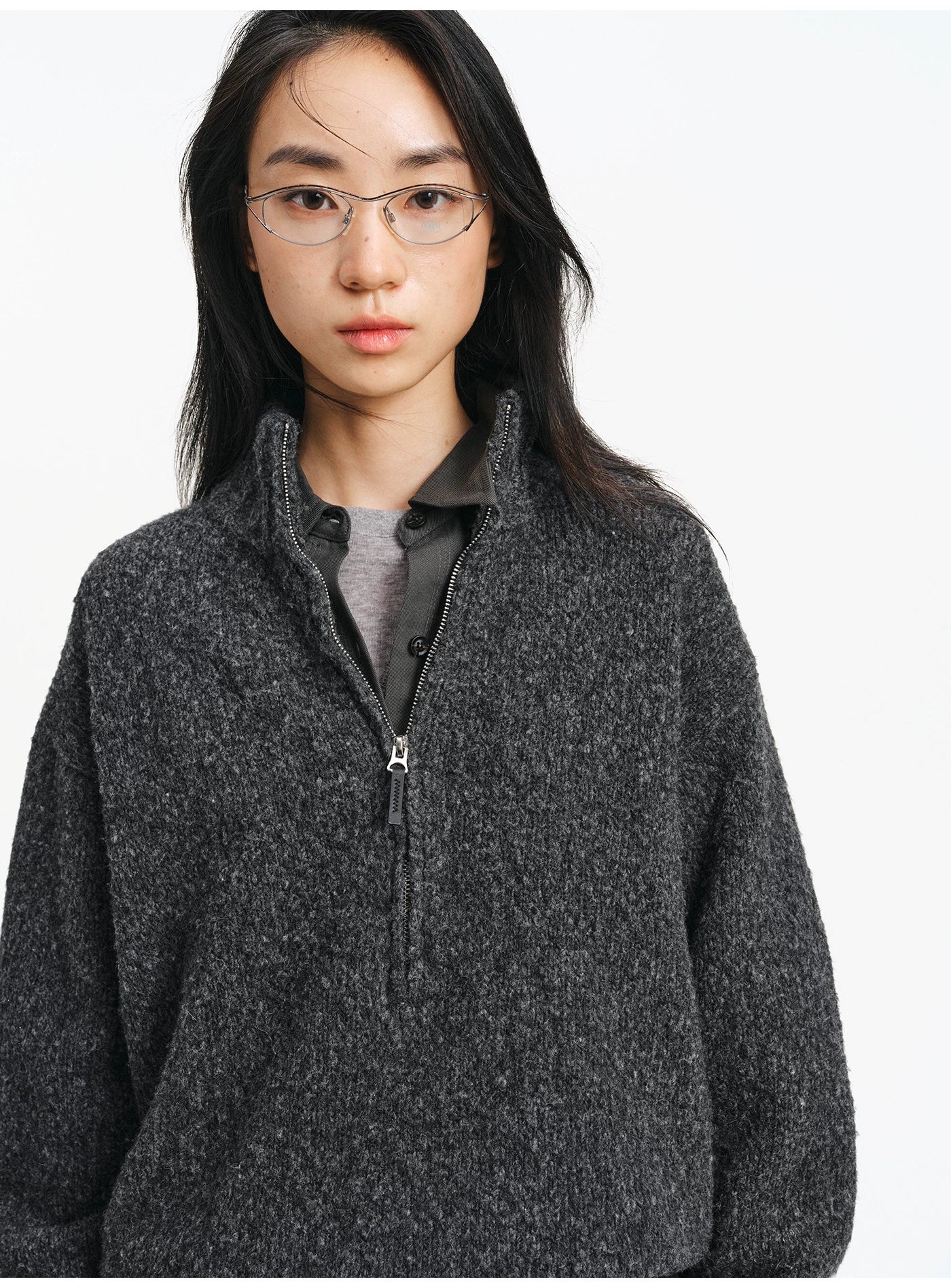Textured Bouclé Half-Zip Knit – Charcoal