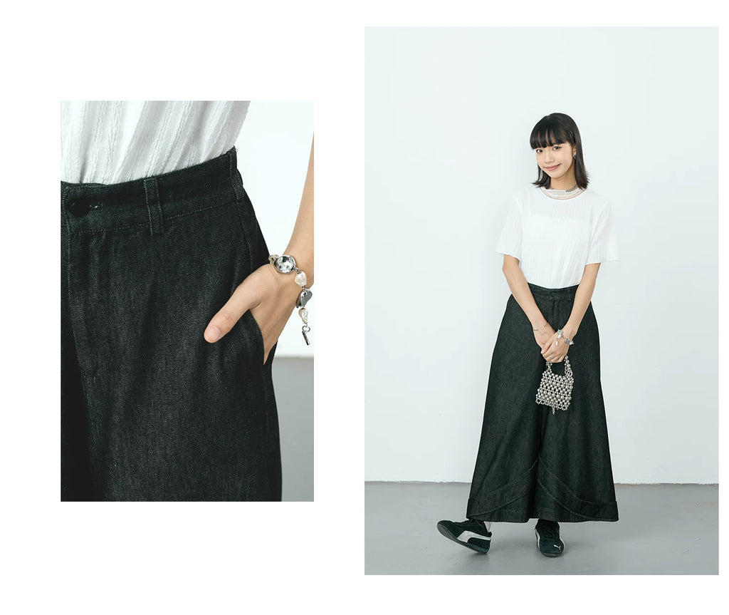 Curved Seam Wide-Leg Denim Trousers