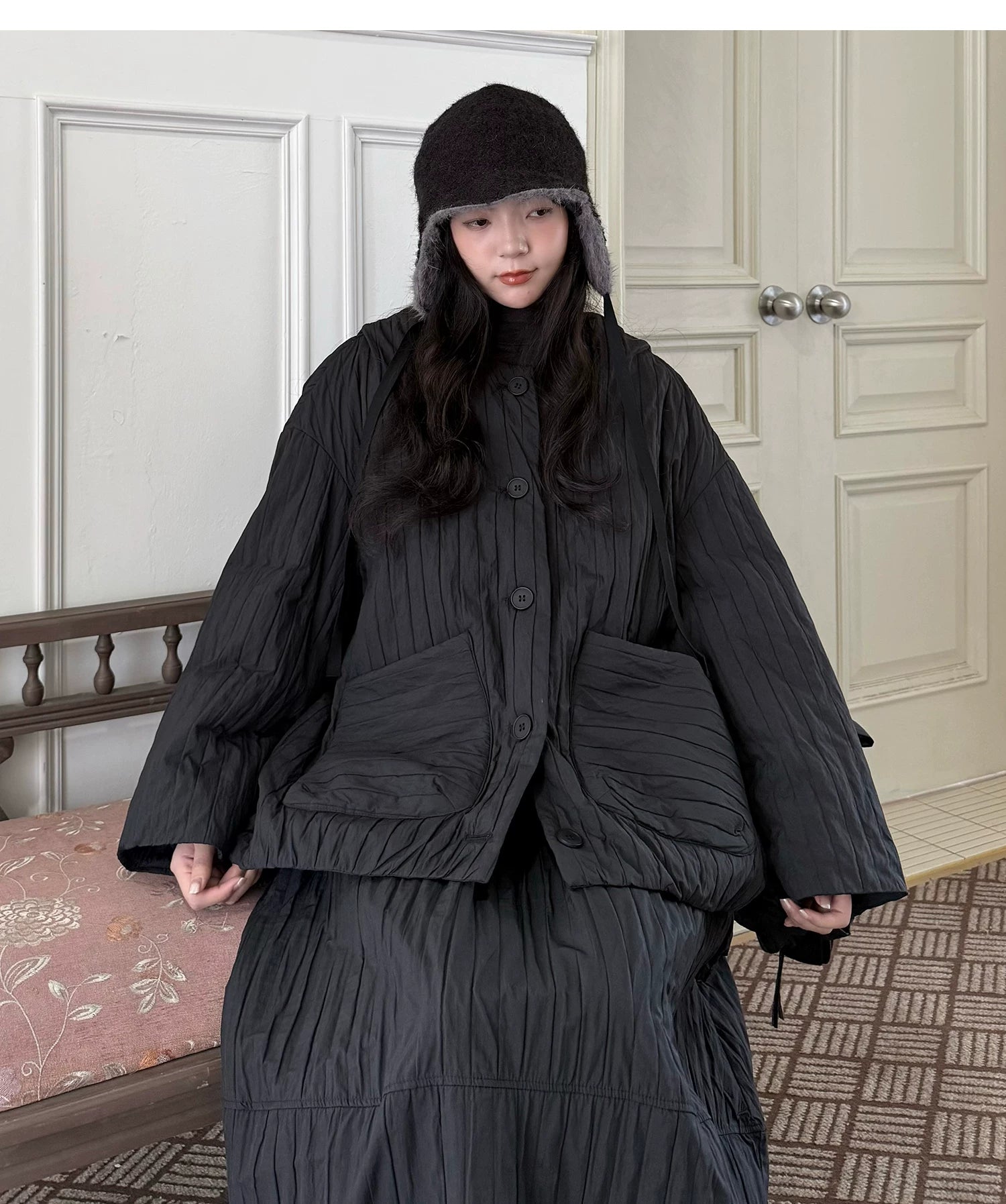 Crinkled Quilted Utility Jacket – Black