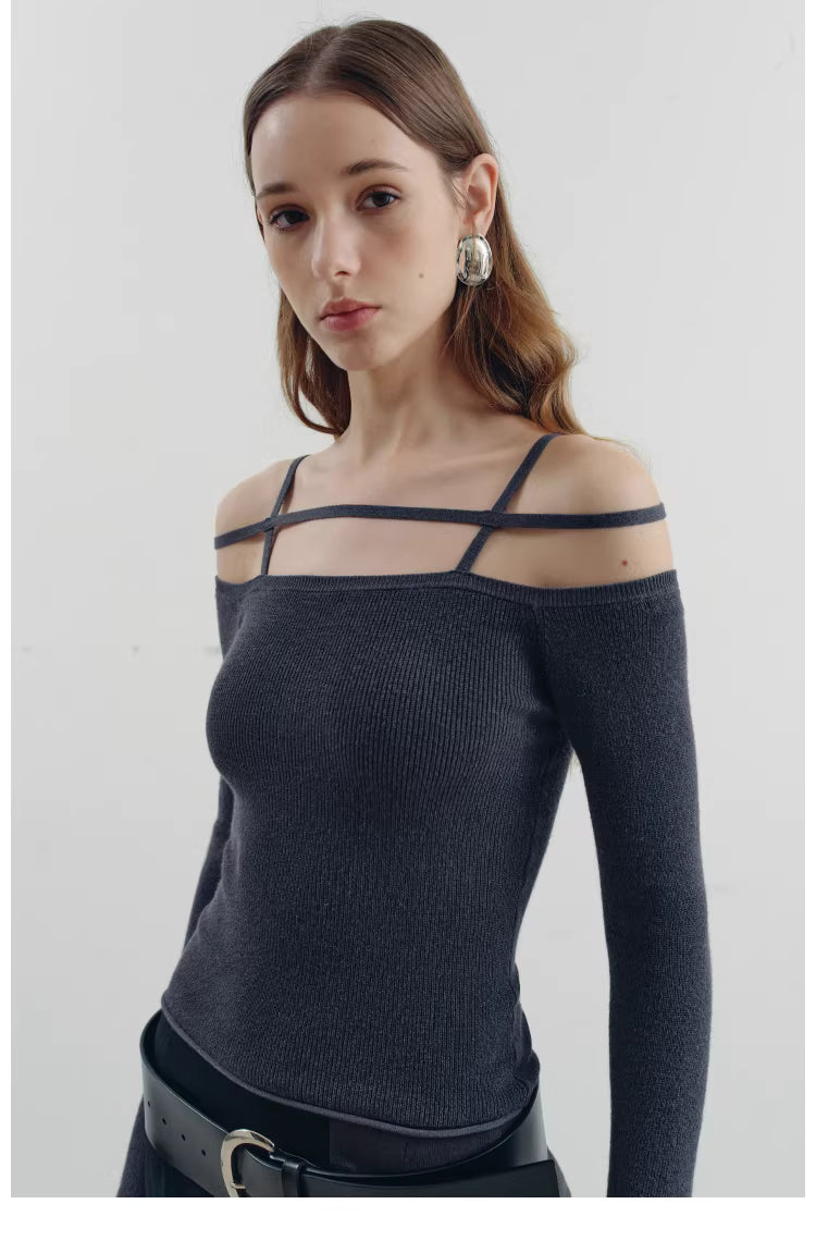Geometric Strap Knit Long Sleeve Top