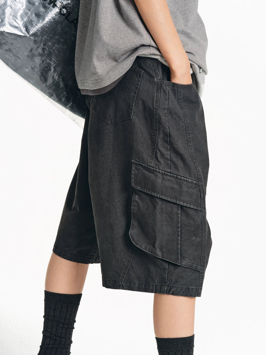 Drawstring Washed A-line Cargo Wide-Leg Shorts