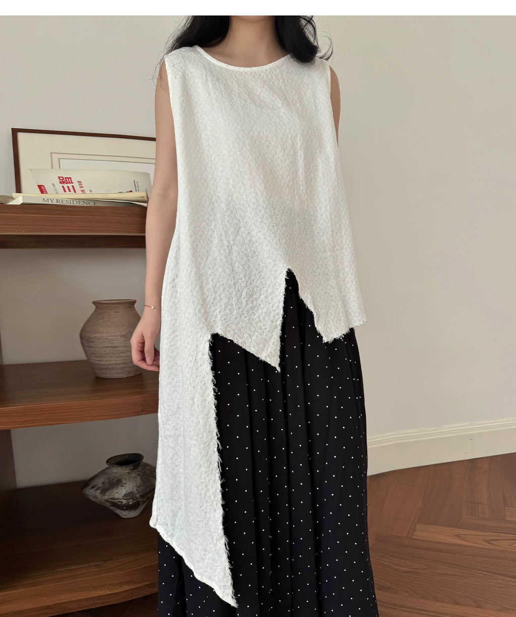 Frayed Asymmetric Linen-Cotton Longline Vest