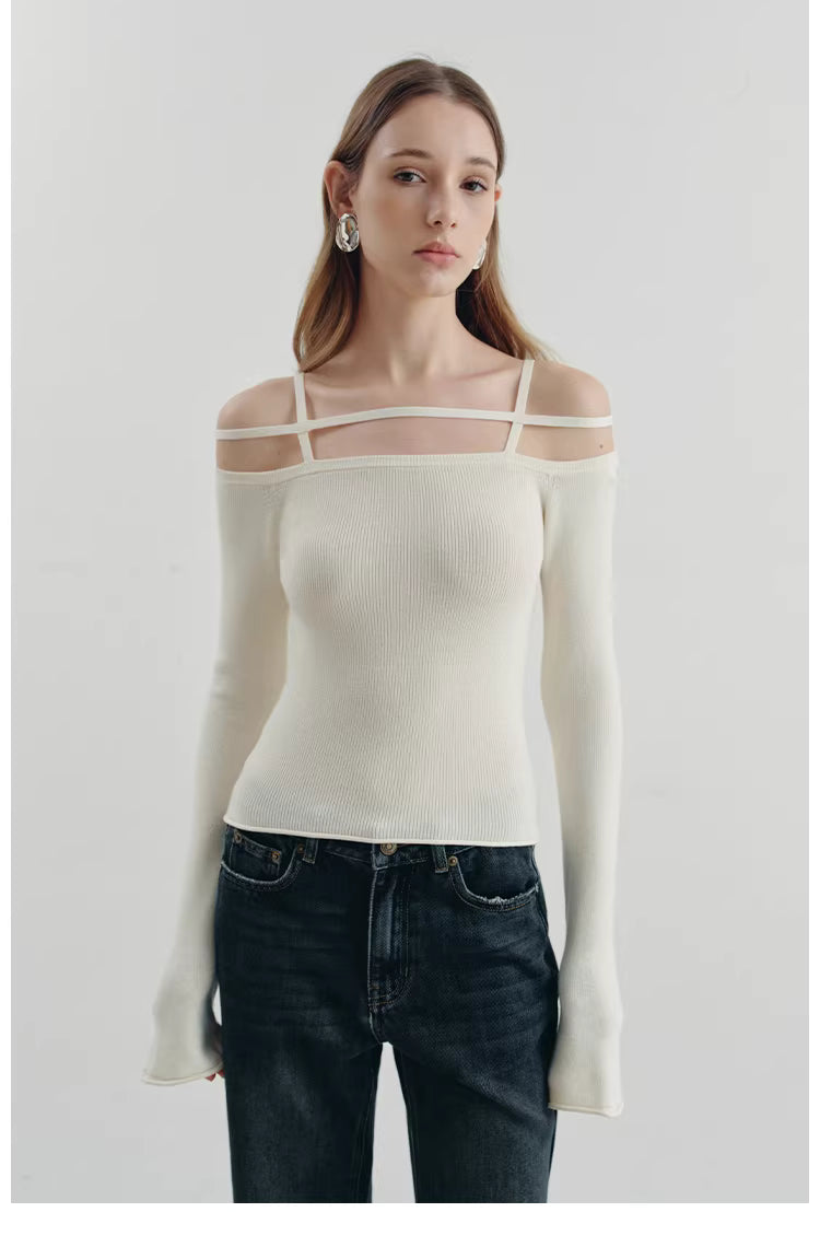 Geometric Strap Knit Long Sleeve Top