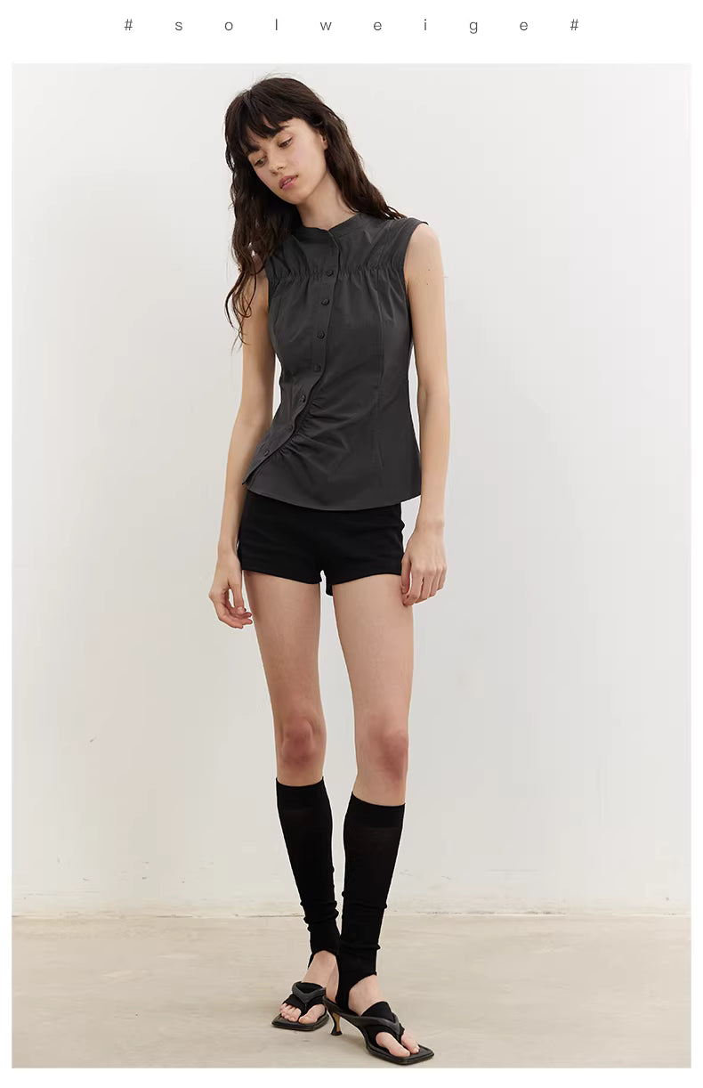 Asymmetric Button Blouse in Beige or Charcoal