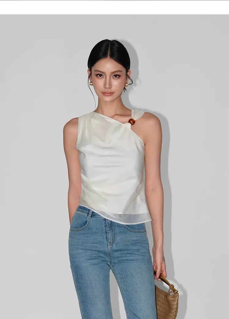 Beaded One Shoulder Top in Black Ink or White