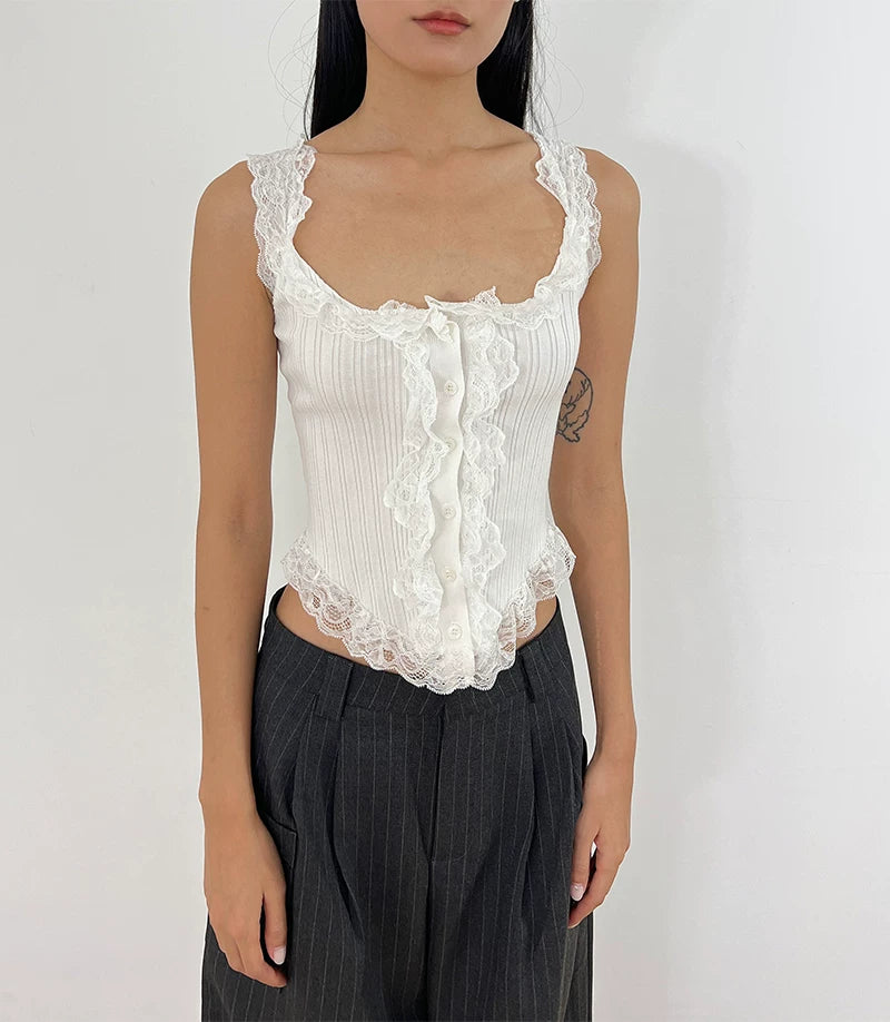 Lace Trim Pointelle Corset Tank