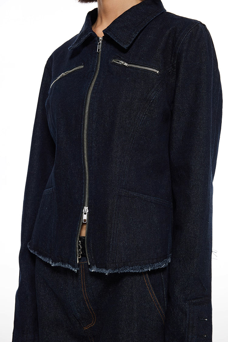 Double Zipper Distressed Denim Jacket