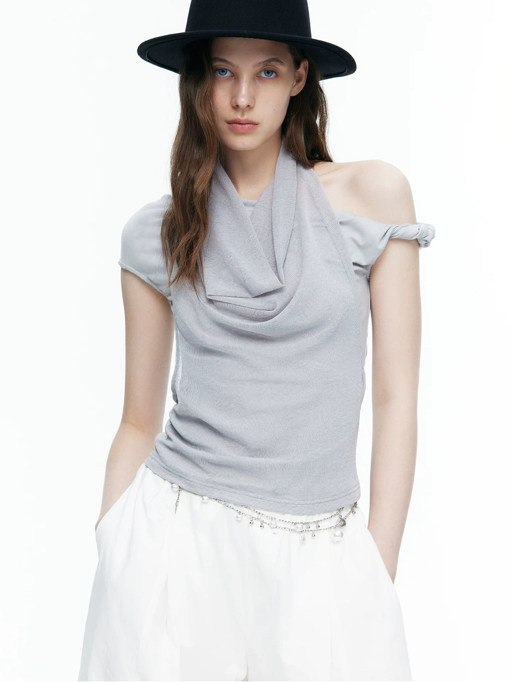 Asymmetric Scarf-Neck Knit Top