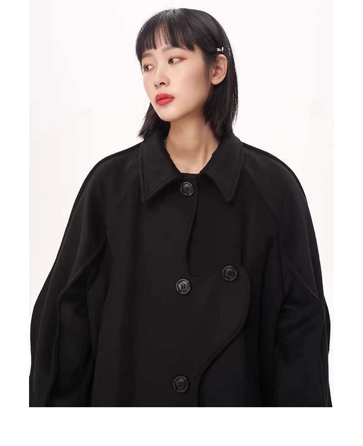 Asymmetrical Wave Placket Wool-Blend Coat