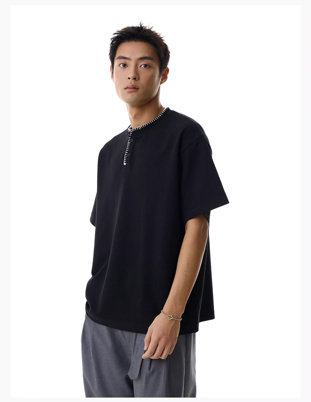 Embroidered Henley T-Shirt in Black Ink or White