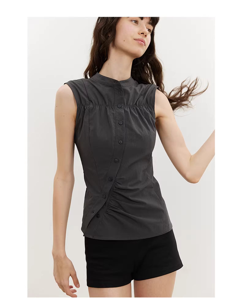 Asymmetric Button Blouse in Beige or Charcoal