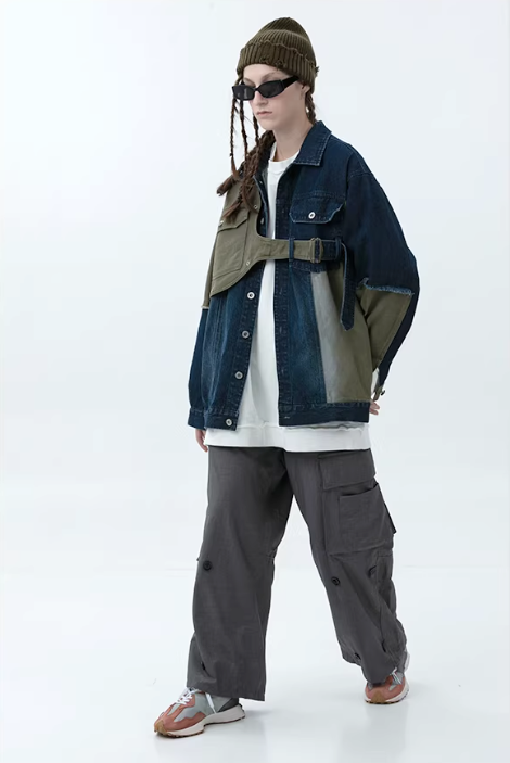 Industrial Deconstructed Denim Buckle Jacket in Dark Grey or Colour Block