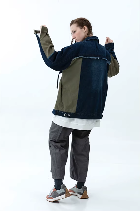 Industrial Deconstructed Denim Buckle Jacket in Dark Grey or Colour Block