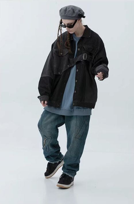 Industrial Deconstructed Denim Buckle Jacket in Dark Grey or Colour Block