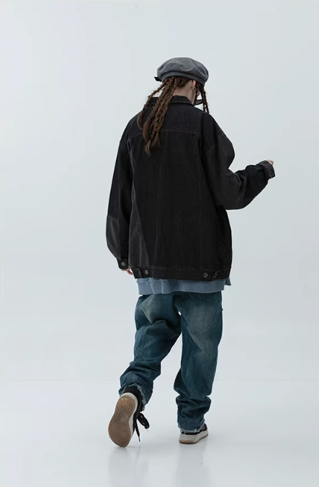 Industrial Deconstructed Denim Buckle Jacket in Dark Grey or Colour Block