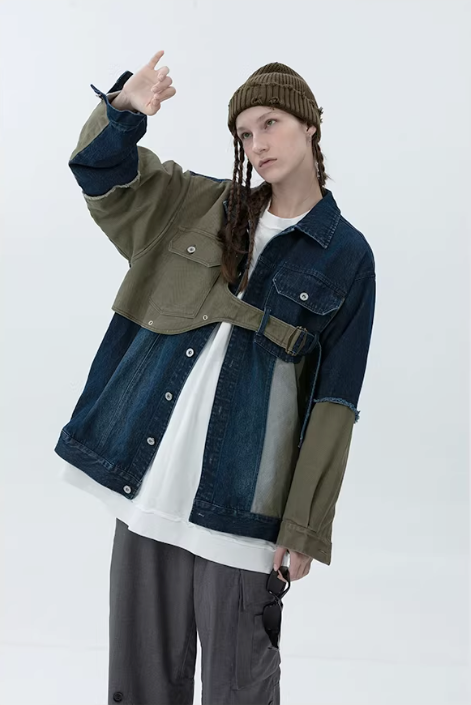 Industrial Deconstructed Denim Buckle Jacket in Dark Grey or Colour Block