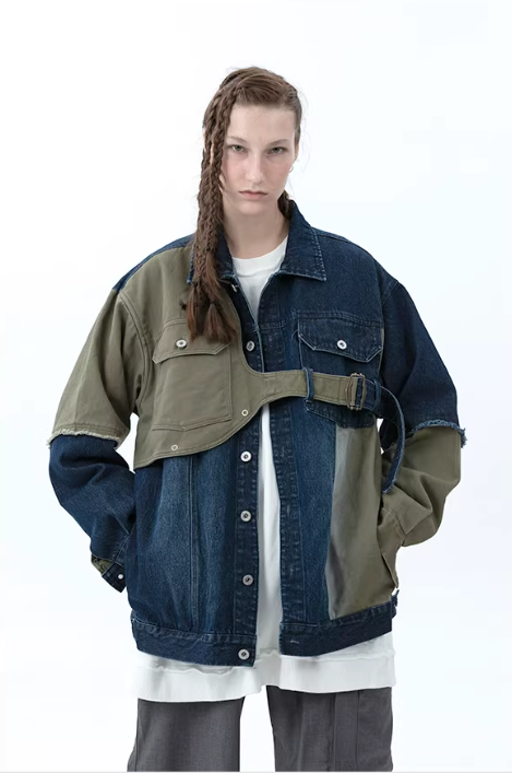 Industrial Deconstructed Denim Buckle Jacket in Dark Grey or Colour Block