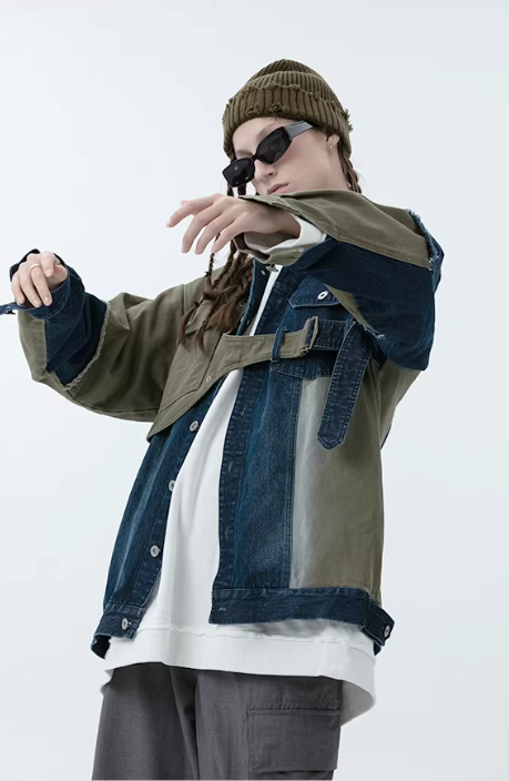 Industrial Deconstructed Denim Buckle Jacket in Dark Grey or Colour Block