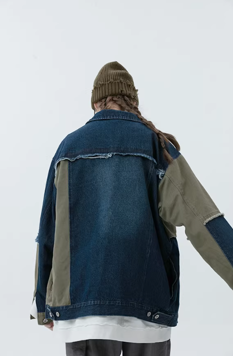 Industrial Deconstructed Denim Buckle Jacket in Dark Grey or Colour Block