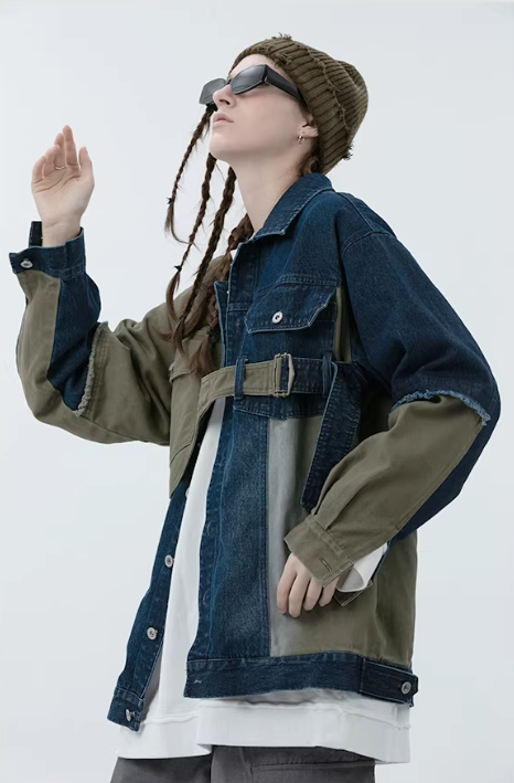 Industrial Deconstructed Denim Buckle Jacket in Dark Grey or Colour Block