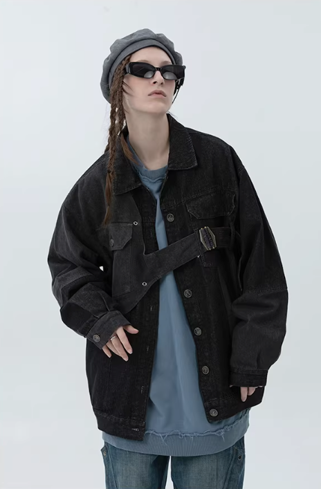 Industrial Deconstructed Denim Buckle Jacket in Dark Grey or Colour Block