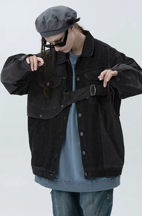 Industrial Deconstructed Denim Buckle Jacket in Dark Grey or Colour Block