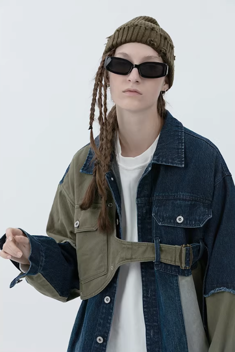 Industrial Deconstructed Denim Buckle Jacket in Dark Grey or Colour Block