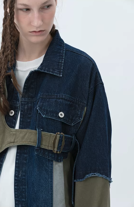 Industrial Deconstructed Denim Buckle Jacket in Dark Grey or Colour Block