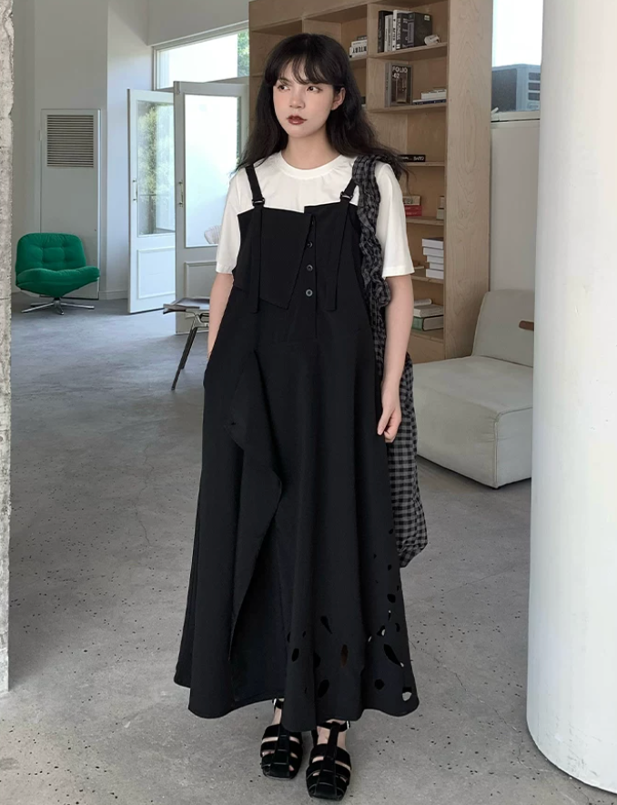 Laser Perforation Suspender Dress