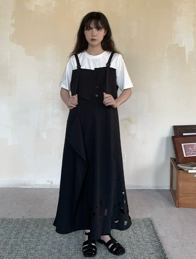 Laser Perforation Suspender Dress
