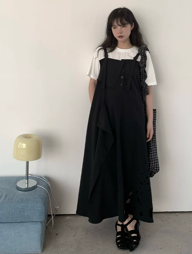 Laser Perforation Suspender Dress