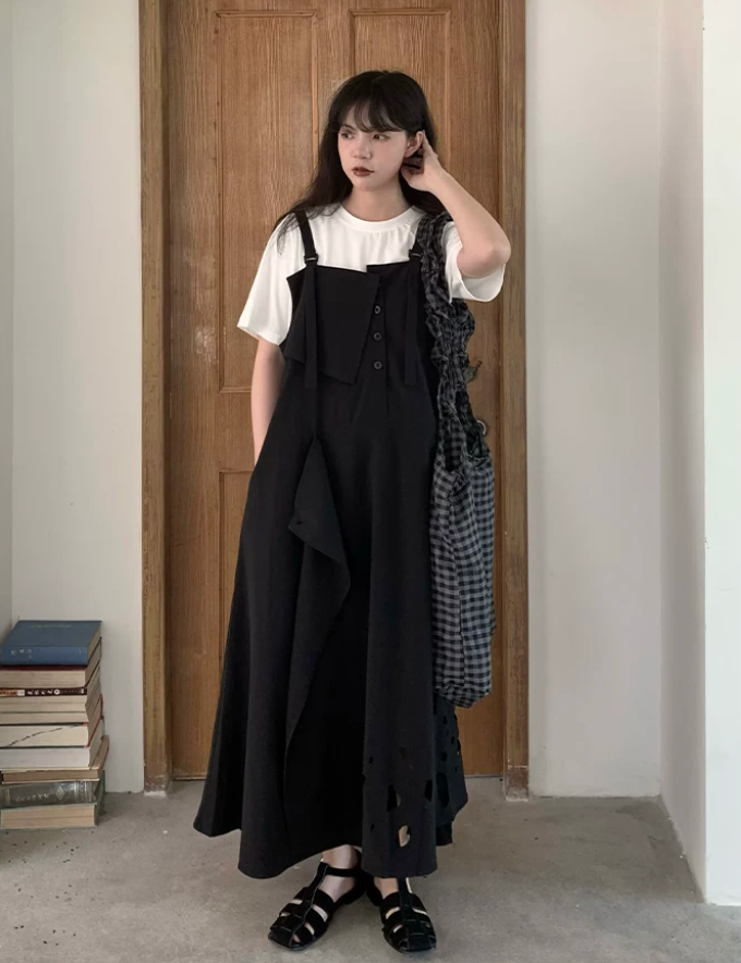 Laser Perforation Suspender Dress