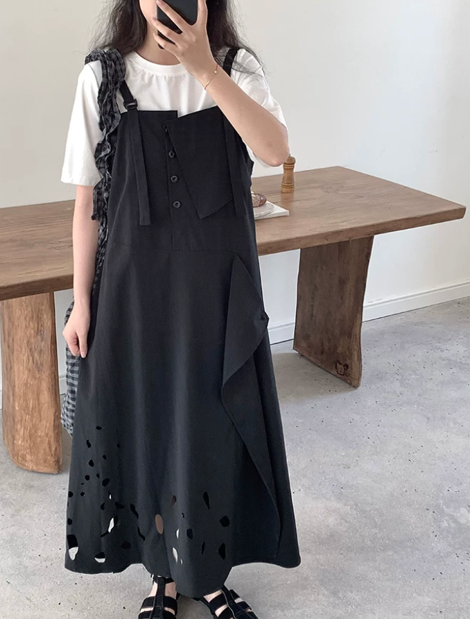 Laser Perforation Suspender Dress