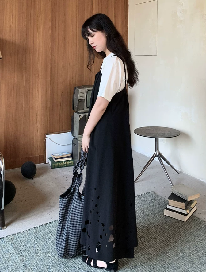 Laser Perforation Suspender Dress