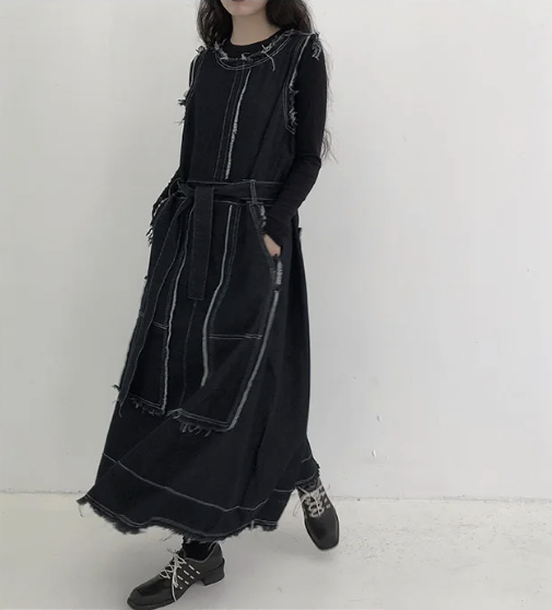 Frayed Edge Contrast-Stitch Denim Dress