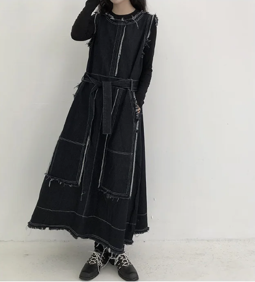 Frayed Edge Contrast-Stitch Denim Dress