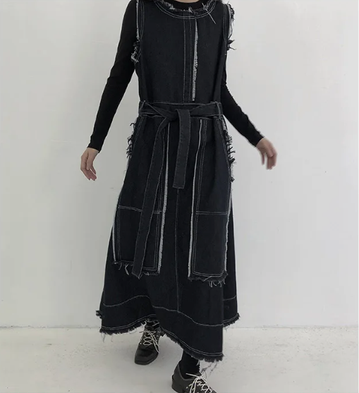 Frayed Edge Contrast-Stitch Denim Dress