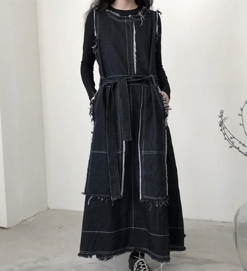 Frayed Edge Contrast-Stitch Denim Dress
