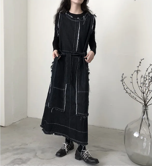 Frayed Edge Contrast-Stitch Denim Dress