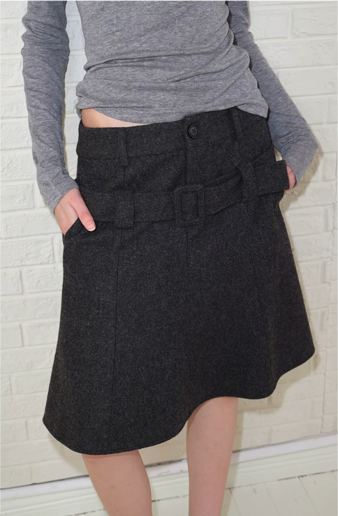 Belted Wool A-Line Skirt