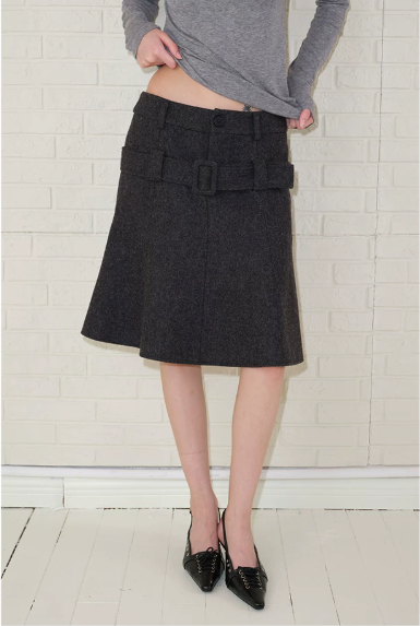 Belted Wool A-Line Skirt